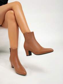 女士时尚粗跟靴，百搭拉链开合优雅尖头性感派对踝靴，秋季 - 棕色 - 查看 5