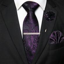 男士黑紫色佩斯利花纹领带、口袋巾、银色领带夹、袖扣和胸针组合套装（1件/2件/3件/5件），适合工作场所、商务场合、会议、婚礼、毕业典礼等各种场合，是男士生日、感恩节、圣诞节、新年等节日的绝佳礼物。 - 黑色 - 查看 11
