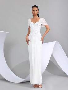 Vestido largo ajustado con hombros descubiertos, cuello de corazón, decoración de diamantes y cuentas brillantes, elegante para cenas formales, invitadas de boda