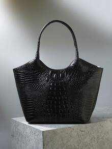 2pcs Elegant Women's Tote,Elegant Large-Capacity Women's Tote | Solid-Color Crocodile-Patterned PU Bag With Secure Zipper, Multi-Pockets, Fixed Strap - Suitable For Work & Outings - 黑色 - 查看 5