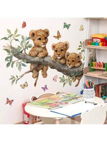 BRUP 1张可爱小狮子墙贴，配以树枝、绿叶和彩色蝴蝶，可移除，即撕即贴，适合儿童房装饰，充满奇思妙想的主题艺术