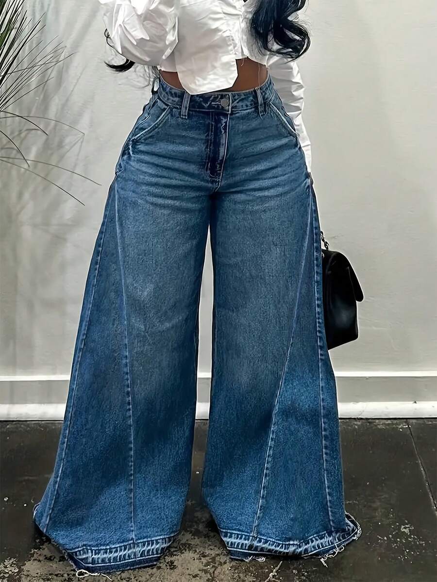 Women's Wide Leg Jeans With Pockets And Button Closure Zipper Style Non Elastic Loose Wide Leg Casual Y2K Street Fashion Versatile Women's Jeans - 深色水洗藍 - 查看 1