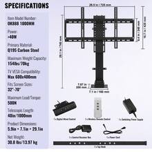 Elevador motorizado para TV, longitud de carrera de 39,4 pulgadas, soporte motorizado para TV apto para elevador de TV de 32 a 70 pulgadas con control remoto, altura ajustable de 28,74 a 68,11 pulgadas, capacidad de carga de 154 libras - 39,4 pulgadas - Ver 7