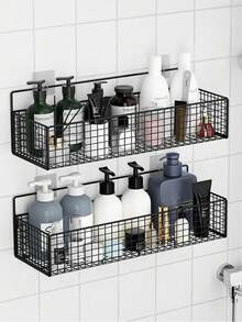 2 giỏ đựng đồ treo tường, giỏ treo bằng kim loại màu đen, giỏ treo tường có móc dán, giỏ đựng đồ nhà tắm không cần khoan, giá đựng đồ tắm, giỏ đựng đồ đa năng cho nhà bếp, phòng đựng thức ăn, tủ quần áo, phòng giặt, tủ đựng đồ, phòng tắm. - Nhiều màu - Xem 3