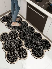 1pc Silicone Kitchen Mat With High-End Line And Flower Splice Gradient Pattern, Light Luxury And Fashionable Style, Cushioning Fatigue-Resistant, Water-Absorbent Quick-Drying And Anti-Slip Kitchen Rug, Simple Silica Gel Soft Rubber Mat, Suitable For Kitchen, Bathroom, Entrance, Laundry Room And Other Places. ,Room Decor - Black - View 3