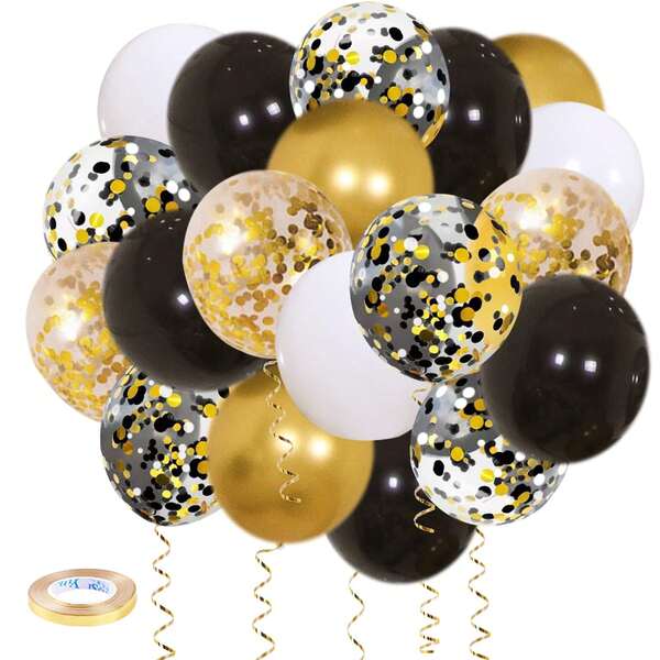 30pcs Multicolor Confetti Balloons In Black, Gold, White, Confetti Balloons With Ribbons, Suitable For Baby Shower, Anniversary, Graduation, Boys/Girls Birthday, Wedding Party Decoration
