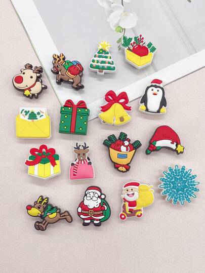 16PCS Funny ABS Christmas Bell Hat Shoe Charms Accessories Colorful Personalized Santa Claus Shoe Buckles DIY Decorations Removable Xmas Tree Elk Snowflake Shoe Clips Ornaments Fit Women Lady Sandals Slides Slippers Beach Bags Birthday Festival Party Gifts