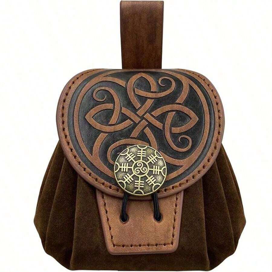 Medieval-Style Leather Pouch, Portable Drawstring Coin Purse, Vintage Belt Pouch Dice Bag For LARP & Ren Faire - Four-leaf Clover - View 1
