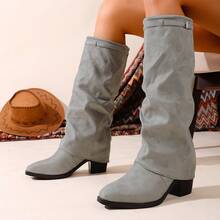2025 Women's Pointed Toe Thick Heel Non-Slip Solid Color Fashion Slip-On Over-The-Knee Boots, Autumn/Winter