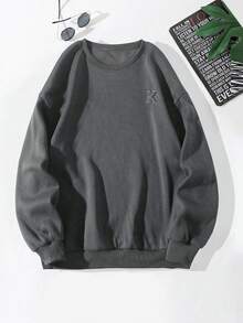 Men's Casual Versatile Grey Letter Graphic Print Crew Neck Sweatshirt, Suitable As Gift For Husband, Boyfriend, Friend - Dark Grey - View 4