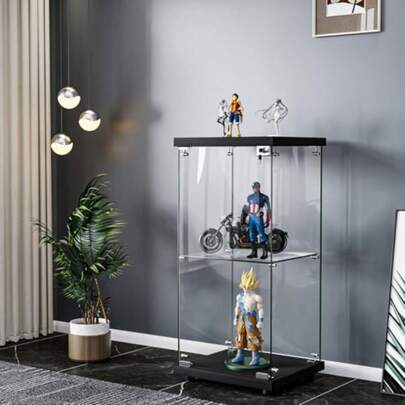 Glass Display Cabinet With Lockable Glass Doors 2Tier Floor Standing Showcase Unit For Collectibles Home Or Commercial Use Living Room Bedroom Office 42.3x36.5x86.5cm Black