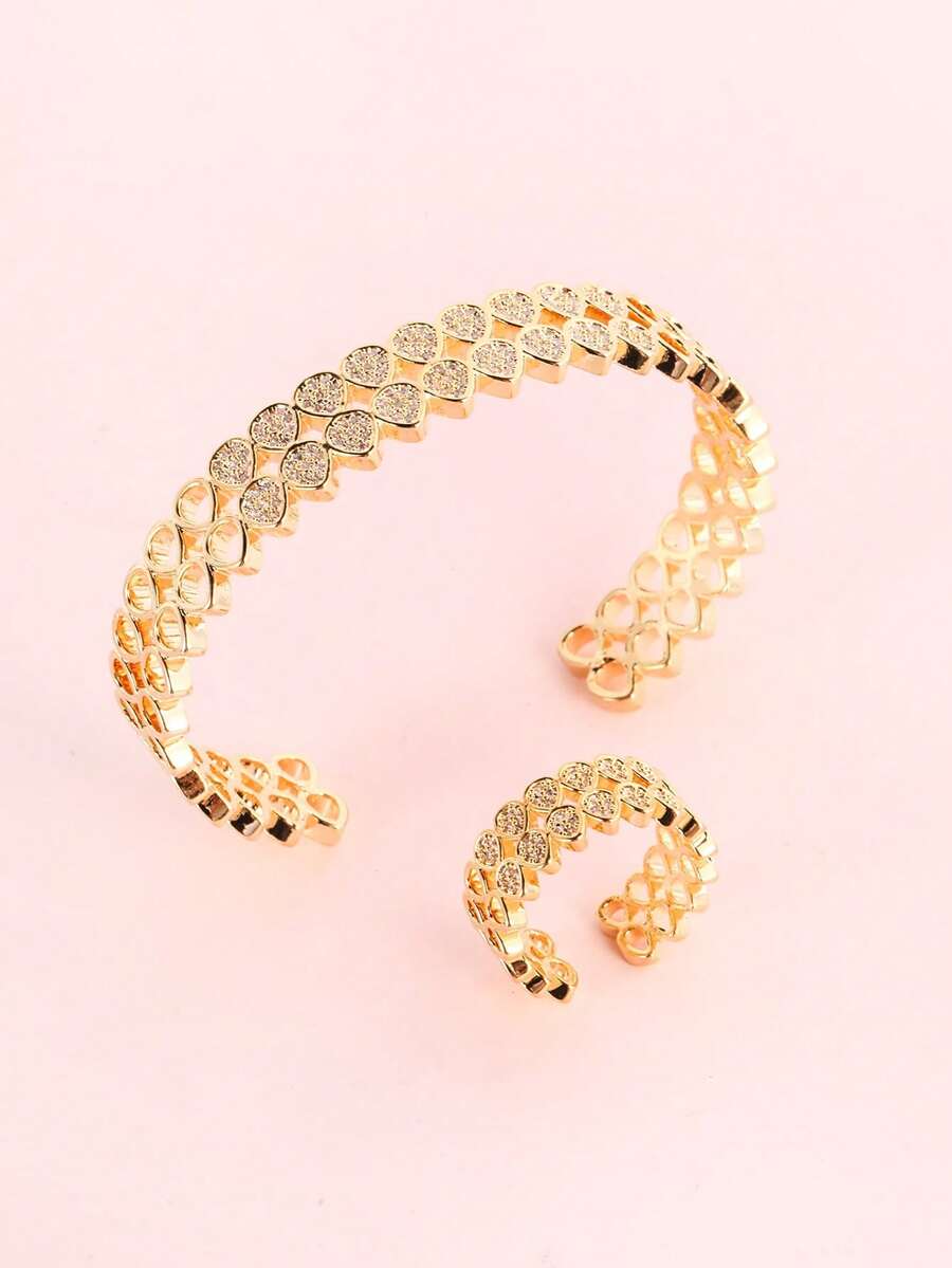 1 Set Women's New European & American Style 14K Gold-Plated Vintage Micro-Inlaid Double Row Zirconia Simplex Buckle Bracelet & Ring Set