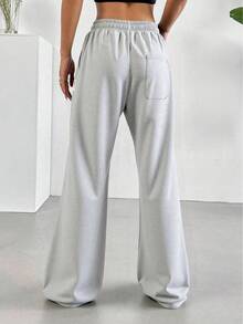 女士休闲直筒抽绳腰裤，弹性腰带，适合秋冬季运动休闲穿着，春季紧身裤 - 淺灰色 - 查看 3