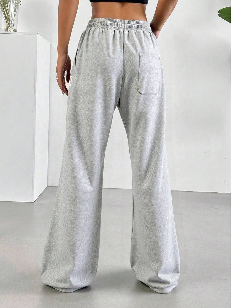 Women Casual Straight Leg Drawstring Waist Pants, Elastic Waistband, Suitable For Autumn/Winter Sports & Leisure Tights Spring - Light Grey - View 3