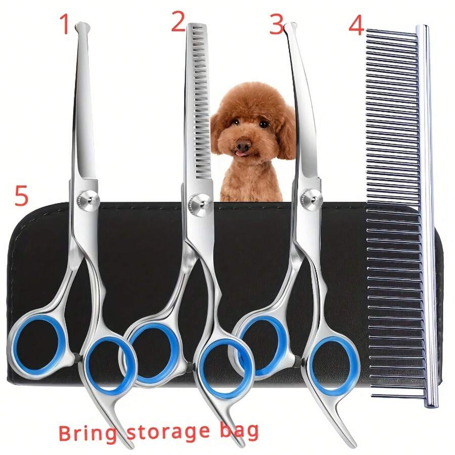 Professional Pet Grooming Scissors Set - Includes 1 Pair Of 6.5inch Thinning Shears, 1 Pair Of 6.5inch Curved Shears, 1 Pair Of 6.5inch Straight Shears, 1 Comb, 1 Cleaning Cloth, And 1 Black Storage Box - 藍色 - 查看 1