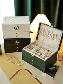 1 pieza Joyero de gran capacidad con cerradura, joyero de cajones multicapa, caja de almacenamiento de joyas a prueba de polvo de PU, caja de exhibición de joyas para tocador, caja de almacenamiento de joyas de lujo, caja de almacenamiento multifuncional, almacenamiento y exhibición de joyas, artículos esenciales para el hogar, contenedor de almacenamiento para anillos, collares, pulseras, accesorios de almacenamiento, regalos para mujeres, regalos de lujo, regalos navideños - Multicolor - Ver 3