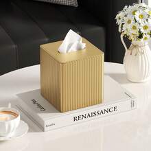 Gold Striped PU Leather Tissue Box Cover, Available In Rectangular And Square Styles, Suitable For Car, Living Room, Bedroom And Bathroom - Gold - View 3