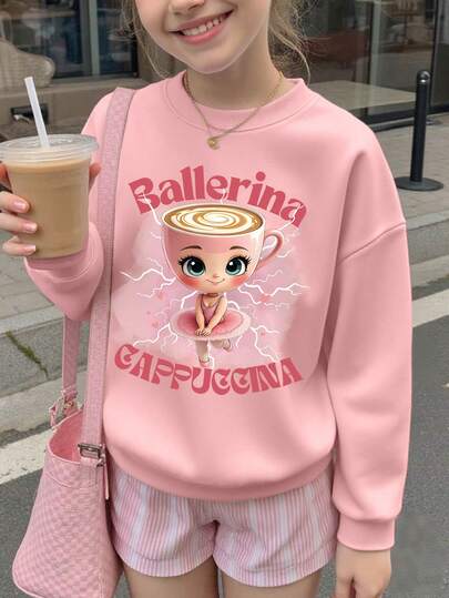 1PC Girl Sweet And Cute Style Ballerina & Coffee Print Crew Neck Sweatshirt, Soft And Comfortable, Spring Autumn Daily Leisure Wear