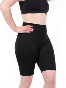 Shorts deportivos de ciclismo para mujer, shorts deportivos de unicolor de poliéster, shorts ajustados de alta elasticidad para fitness - Negro - Ver 6