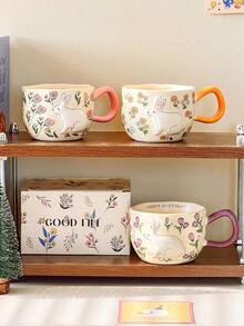 1 cană ceramică cu model floral colorat de iepure, cană ceramică adorabilă cu iepure 3D și detalii vibrante pe mâner, potrivită pentru cafea, cereale, decor de primăvară pentru casă și ocazii de Paște