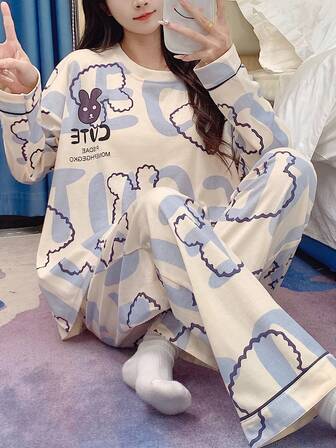 2 piezas Conjunto de pijama para mujer, top de manga larga y pantalones, con propiedades de absorción de humedad y transpirabilidad, para primavera y otoño