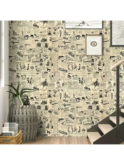 Roll Of Retro Newspaper Pattern Wallpaper. It Is Peel Stick, No Glue Required, Easy To Install Removable. Bedroom Living Room Accent Wand ation, As Well Tabletop Cabinet Renovation. Paper Stickers view 9