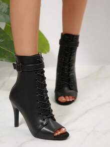 New Jazz Dance Short Boots, Pointed Toe Hollow Lace-Up Short Boots, Fashion Women Boots, Dance Black Shoes - Black - View 3