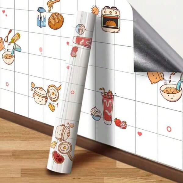 Papel de parede protetor contra respingos para cozinha com estampa de desenho animado fofo, feito de PVC, à prova d'água, resistente a óleo e ao calor, fácil de limpar, ideal para decoração de cozinhas e mesas de jantar.