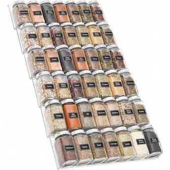 1pc/4pcs/8pcs Adjustable Expandable Spice Drawer Organizer, Modular Transparent Plastic Spice Rack System With Label Dividers (Cumin, Chili, Curry, Herbs) - Fits Kitchen Cabinet, Countertop And Under Sink Drawers, Durable Space-Saving Storage