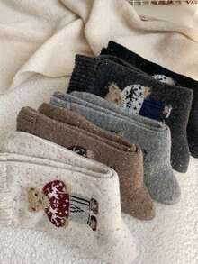 2 Pairs/5 Pairs Vintage Cartoon Polka Dot Cute Bear Mid-Calf Socks, Warm For Autumn/Winter