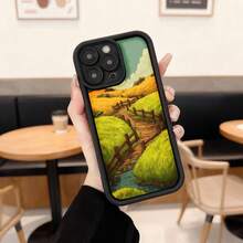 Cubierta de teléfono con borde negro diseño de paisaje rural campo verde y sendero de madera para uso diario en cafeterías y espacios exteriores Aplicable a los teléfonos de la serie Apple y Galaxy - Negro - Ver 1
