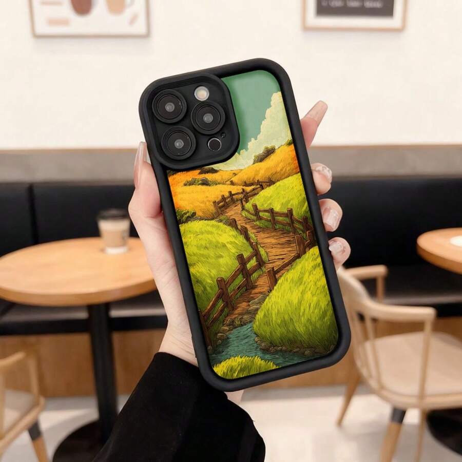 Cubierta de teléfono con borde negro diseño de paisaje rural campo verde y sendero de madera para uso diario en cafeterías y espacios exteriores Aplicable a los teléfonos de la serie Apple y Galaxy - Negro - Ver 1