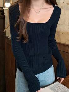 女士V领罗纹修身针织衫，百搭长袖套头衫 - 藏蓝色 - 查看 6