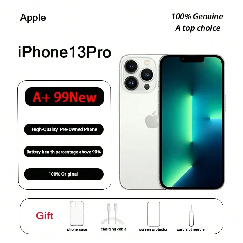 Apple هاتف آيفون 13 برو من آبل مستعمل، منتج أصلي وأصيل بحالة شبه جديدة (99% جديد)؛ هاتف محمول، هاتف، هدية غطاء غشاء