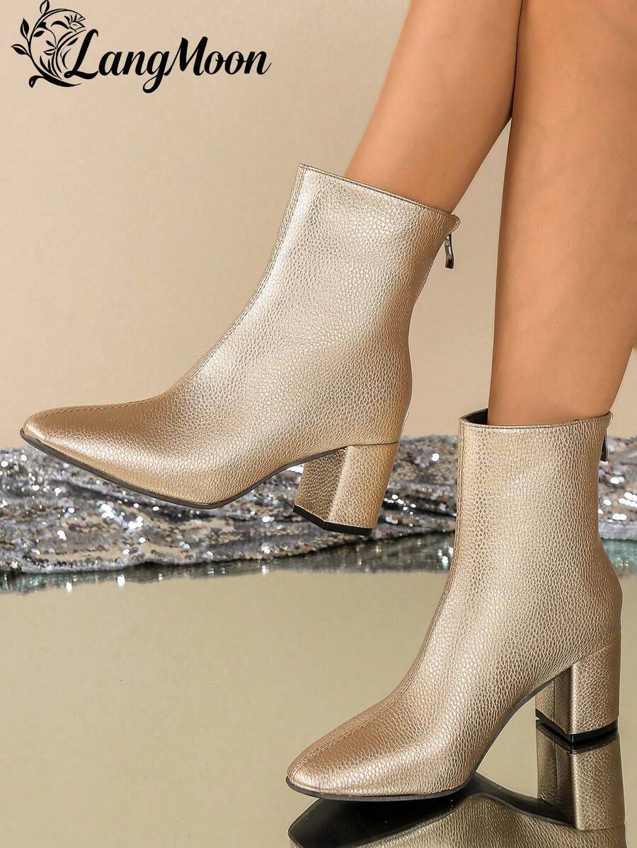 2025 秋冬新款女士高端金色粗跟踝靴 - 优雅百搭，适合派对、晚会、通勤，采用舒适的纯色皮革，配有拉链开合，适合万圣节、圣诞节购物 - 金色 - 查看 1