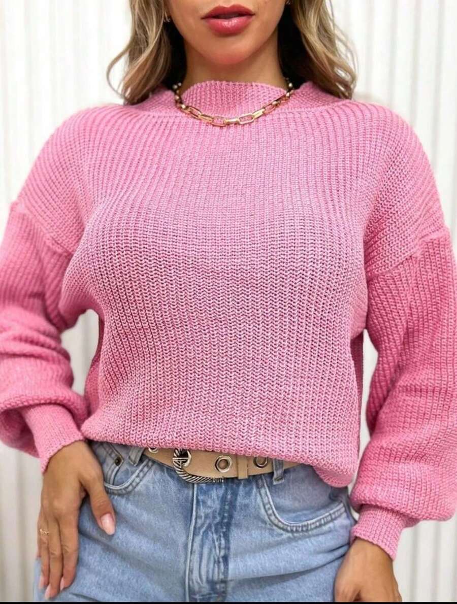 Women's Cropped Tricot Blouse Fang Point Puff Sleeve High Round Neck Winter - 淺粉色 - 查看 1