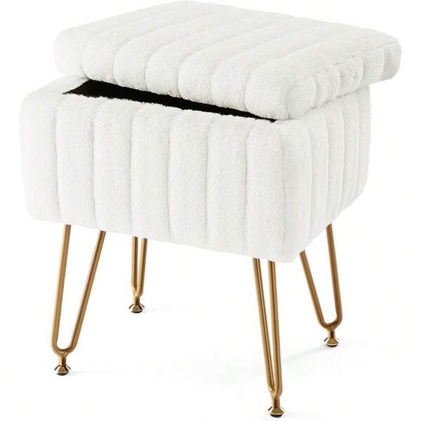 Sweetcrispy Vanity Stool Chair With Storage 18.9 H X 16 L X 12.2 W Ottoman Chair Faux Fur Soft Padded Makeup Footstools Seat With 4 Metal Legs AntiSlip Adjustable Feet For Make Up White