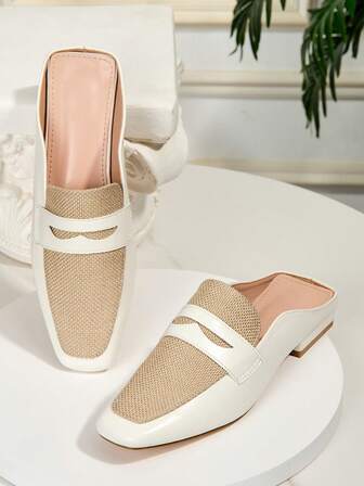 Zapatos mule de bloques de color, sandalias retro francesas sin respaldo tipo slip-on para mujeres, sandalias de dedo cerrado con tacón grueso, transpirables de lino casual y versátiles, aptas para todas las estaciones