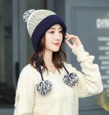 Gorro de invierno peruano para mujeres con orejeras, gorro de esquí de sherpa, gorros de nieve de punto forrados de lana con 3 pompones - M8375-zangqing - Ver 3
