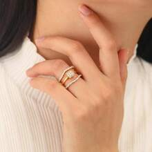 Cubic Zirconia Gold Rings Women Non Tarnish  Dainty 14K Gold Plated Stackable Princess Cut Engagement Ring Set Wedding Promise Rings Her Jewelry Size 6 8 9 10 11 - D-3 pcs Cincin Janji + 7 - View 4