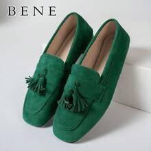 Giày lười nữ thanh lịch đế bằng vuông màu xanh lá cây bằng da lộn, có tua rua và họa tiết hoa, thích hợp cho mùa xuân, hè, thu và đông. - màu xanh lá - Xem 10