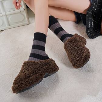 秋冬仿羊羔绒扣一脚蹬厚底拖鞋，舒适的室内/室外温暖蓬松拖鞋