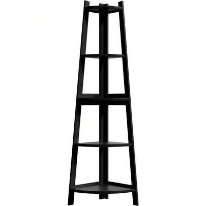 Corner Ladder Shelf 5Tier Bookshelf With Strong Support Legs Triangular Structure Display Stand Rack For Bedroom Living Room Home Office 37x37x153cm Black