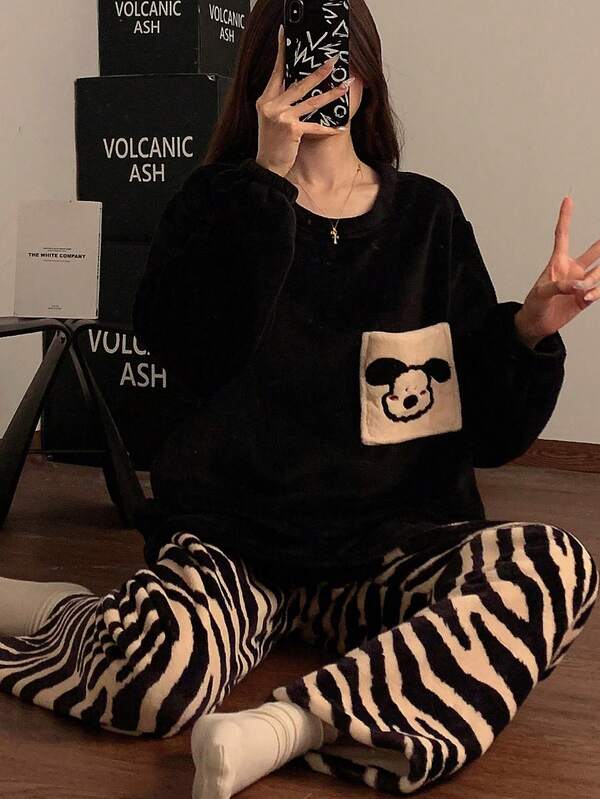 2pcs Women Embroidered Crew Neck Flannel Fluffy Pajama Set, Drawstring Cuff Zebra Print Pants Sleepwear