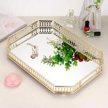Vintage Gold Mirror Tray Perfume Tray Mirror Tray Gold Makeup Vanity Tray HollowCarved Jewelry Tray Metal Trinket Storage Tray Home Organizer Decorative Tray For Dresser Bathroom Countertop