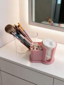 1 pieza Caja de almacenamiento de cosméticos de escritorio, soporte para bastoncillos de algodón y almohadillas desmaquillantes. Caja de almacenamiento de accesorios para el cabello, con tapa a prueba de polvo y diseño apilable, con abertura en forma de U para un fácil acceso, adecuada para almacenar algodón, desmaquillante, lápiz labial, accesorios para el cabello, se puede usar en el tocador o en el mostrador del baño, disponible en varios colores.