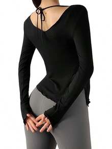 DREAM SLIM Camisetas de entrenamiento de manga larga para mujer, ajustadas, acanaladas, para yoga, con ribete de lechuga, para correr, deportes - blanco (pantalón corto blanco) - Ver 11