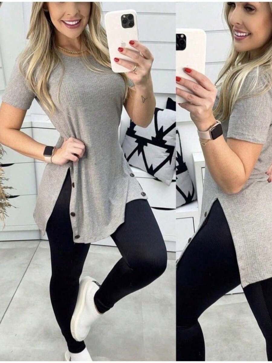 Short-Sleeved Blouse That Goes With Leggings, Covers The Buttocks, Simple, Gym-Appropriate, Button-Down. - TUYỆT VỜI - Xem 1