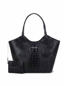 2pcs Elegant Women's Tote,Elegant Large-Capacity Women's Tote | Solid-Color Crocodile-Patterned PU Bag With Secure Zipper, Multi-Pockets, Fixed Strap - Suitable For Work & Outings - 黑色 - 查看 9