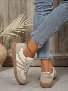 卡其色平底休闲运动鞋 系带运动鞋 拼接设计 柔软皮革 返校学院风一脚蹬休闲鞋 舒适休闲时尚跑步运动鞋 - 卡其色 - 查看 4